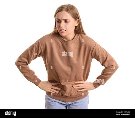 Young woman with appendicitis on white background Stock Photo - Alamy