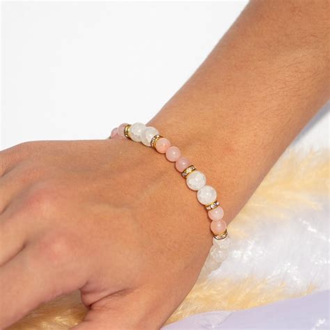 Rose Quartz Pearl Bracelet Gemstone Bracelet Gold Beaded Bracelet Cubic Zirconia Stones Rose ...