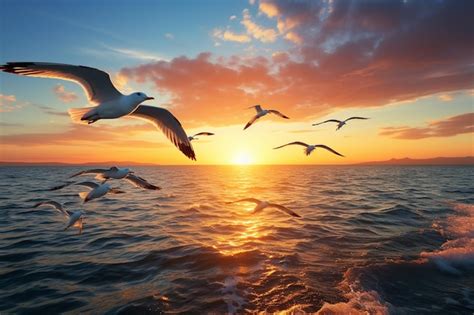 Premium Photo | Seagulls flying in formation against a sunset sky