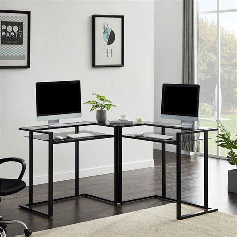 New L-Shaped Glass Desk, 56’’ Home Office Computer Desk with Shelf ...