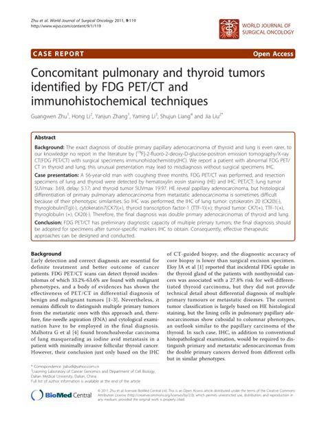 (PDF) Concomitant pulmonary and thyroid tumors identified by FDG PET/CT and immunohistochemical ...