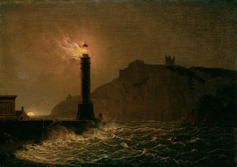 A lighthouse on fire at night by Joseph Wright of Derby