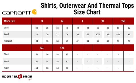 Carhartt - Size Chart - ApparelnBags.com