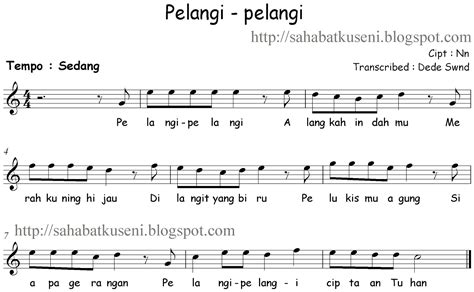 Not Balok Lagu Anak-anak Indonesia Pelang-pelangi - Not Angka Lengkap