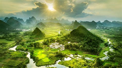 Wallpaper Beautiful countryside landscape, mountains, village, river, fog, sunshine, China ...