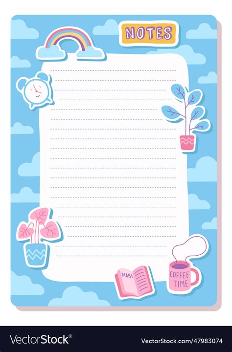 Notes page planner sheet template cute stickers Vector Image