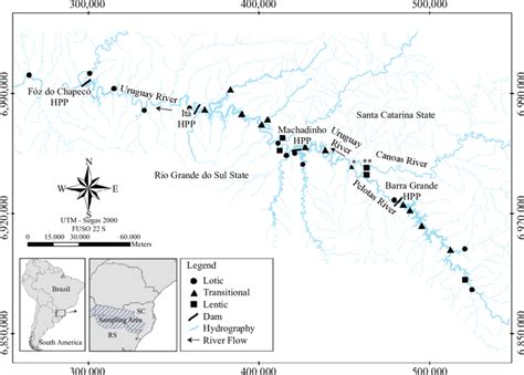 Sampling-site locations along the Upper Uruguay River basin. Dam... | Download Scientific Diagram