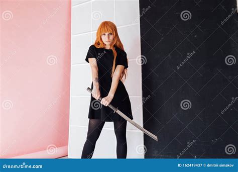 Girl Sword Japan Cosplayer Anime Red Hair Stock Image - Image of female, leather: 162419437