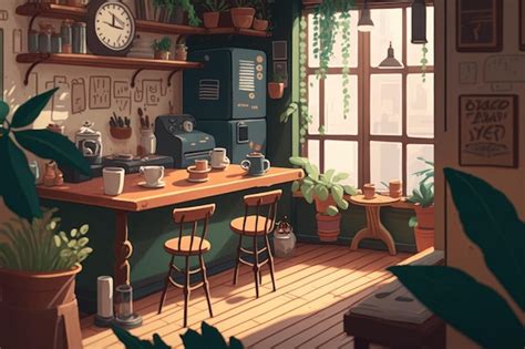 Premium AI Image | A lofi coffee shop room with a table and chairs and a clock on the wall