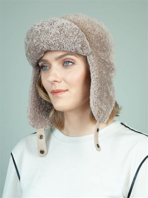 Beige Sheepskin Hat With Ear Flaps | Handmade by NordFur