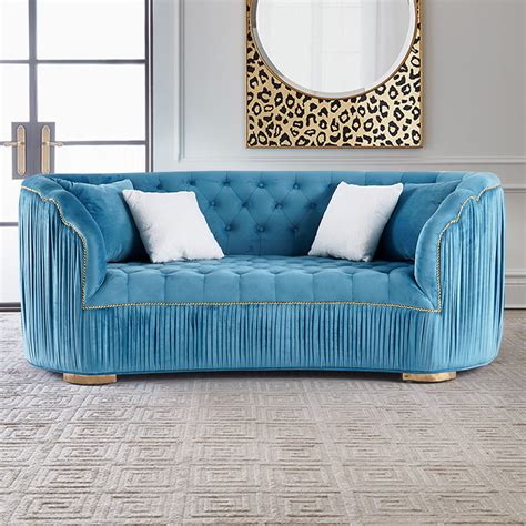 83" Luxury Modern Blue Velvet Upholstered 3-Seater Sofa - Living Room Furniture - Homary US