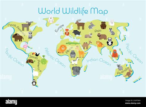 World Wildlife Map - continents with typical fauna. Funny cartoon animals. Children carpet or ...