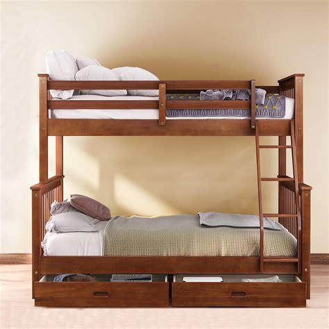 Wood Twin Over Full Bunk Beds, Kids Bunk Beds with Ladder, Safety Rail and Storage Drawers, Bunk ...