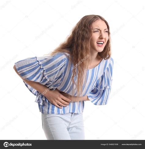 Young Woman Appendicitis White Background — Stock Photo © serezniy #646921936