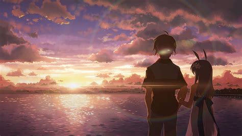 Anime sunset, beach, beach sunset, boy, couple, girl, purple, HD wallpaper | Peakpx