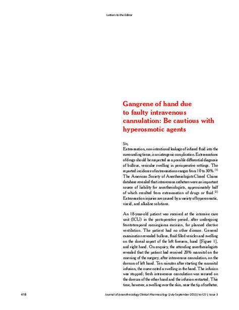 (PDF) Gangrene of hand due to faulty intravenous cannulation: Be cautious with hyperosmotic ...