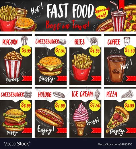 Fast food restaurant menu board template with chalk sketches of takeaway dishes price list ...