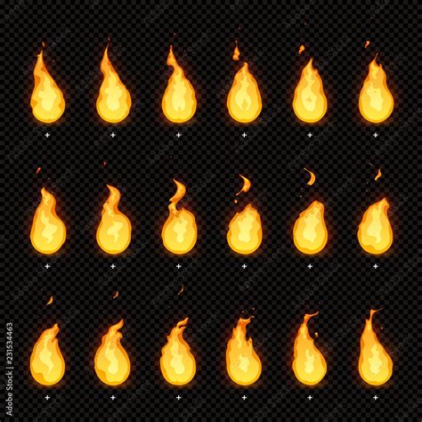 Fire animation. Flaming flame, fiery blaze and animated blazing fire ...