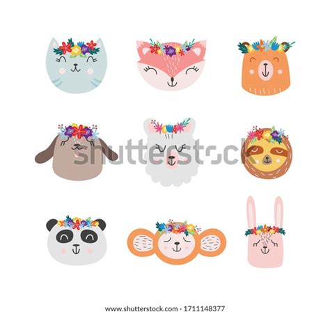 Cute Cartoon Animals Flower Crowns Isolated Stock Vector (Royalty Free ...