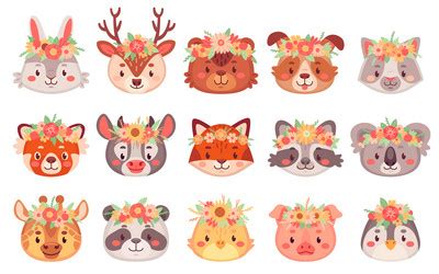 Cute animals with flower crowns and floral wreaths