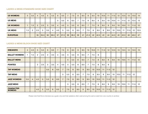 Printable Shoe Size Conversion Chart