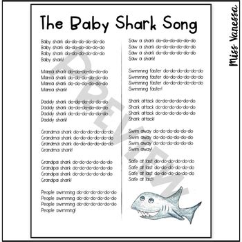 The Baby Shark Song Printable Lyrics by Miss Vanessa | TpT