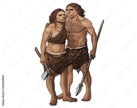 Full Color Illustration of Neanderthal Couple Wearing Animal Skin Clothes and Holding Stone Age ...