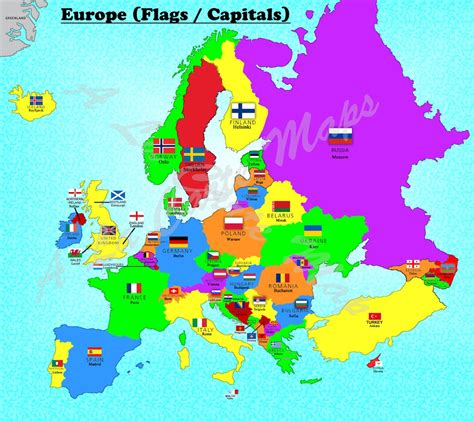 Mapa digital de todos los países europeos con sus banderas y sus capitales - Etsy España