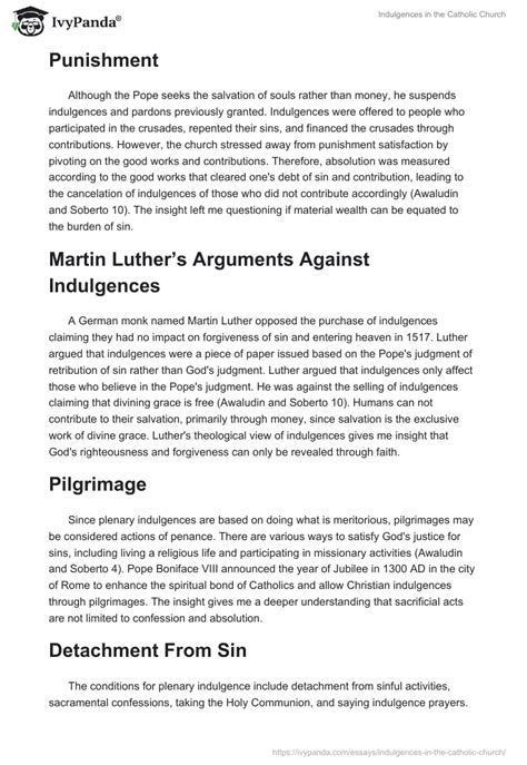 Indulgences in the Catholic Church - 687 Words | Essay Example