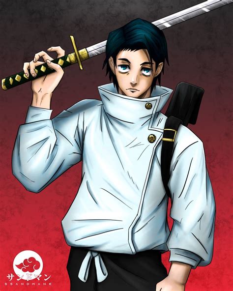 Yuta Okkotsu from Jujutsu Kaisen, holding a katana in his right hand over his right shoulder ...