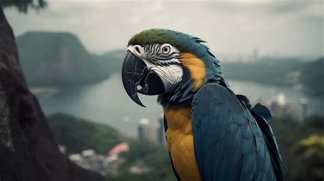 Premium Photo | A blue and yellow macaw sits on a mountain in rio de ...