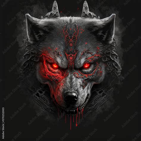 Angry wolf with red eyes on a black background. Head of a wolf with blood on a black background ...