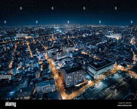 Rooftop View of Futuristic Skyline with Starry Night Sky in Sumida ...