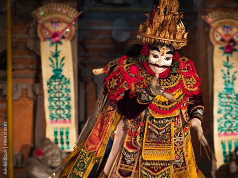 Balinese Topeng mask dance performance and ritual ceremony at Pura Saraswati temple in Ubud ...