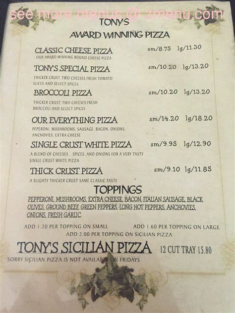 Menu at Tony's Pizzeria, Pittston, Main St # 1117-1121