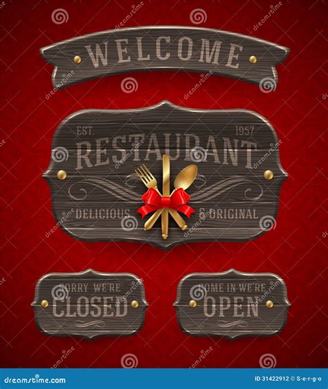 Vintage Wooden Restaurant Signs Stock Vector - Illustration of cuisine, gold: 31422912