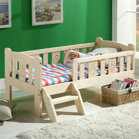 Modern Fashion Solid Wood Children Bed Widen Lengthen Baby Pine Wooden Bed With Ladder Fence ...