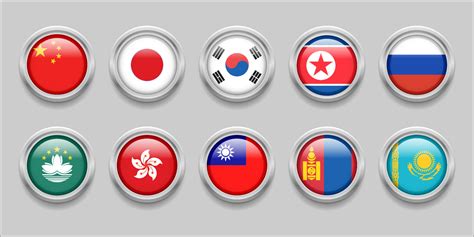 NORTH ASIA Flags Set Collection 3D round flag, badge flag, China, Mongolia, North Korea, South ...