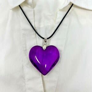 Purple Heart Necklace, Big Purple Glass Heart Pendant, Puff Charm Necklace With Black Leather ...