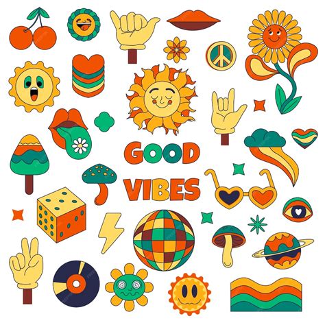 Premium Vector | Hippie stickers and emoticons good vibes only