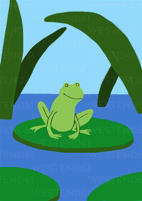 Child's drawing of frog on lily pad on the water stock photo