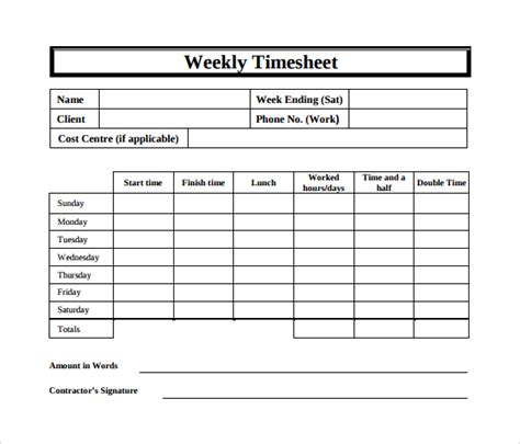 Downloadable Free Printable Weekly Timesheet Template | Francesco Printable