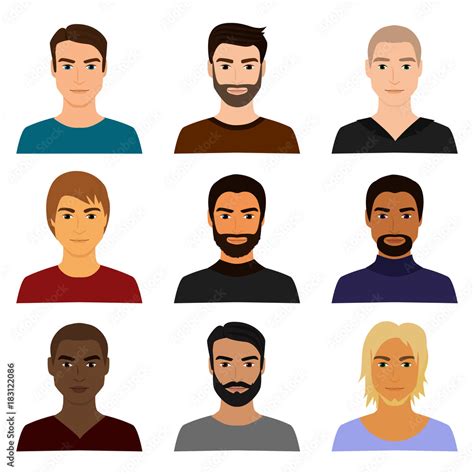 Vector illustration set of male man character faces avatars in different clothes and hair styles ...