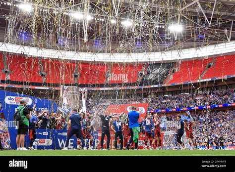 Carlisle United celebrate after winning the Sky Bet League Two play-off final at Wembley Stadium ...