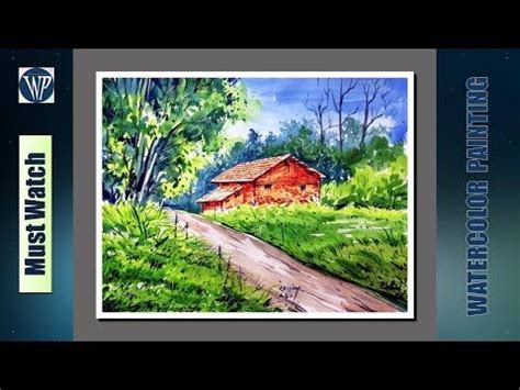 Watercolor Landscape painting for beginners / Easy Village scenery drawing / Step by st ...