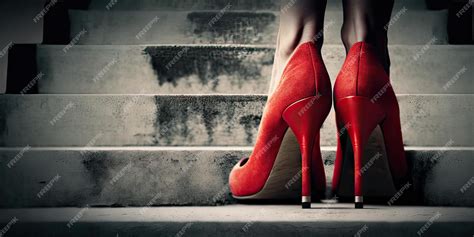 Premium Photo | A woman in red high heel shoes stands on a set of stairs.