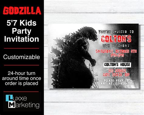 Godzilla Kids Birthday Party Invite Gojira Invitation - Etsy