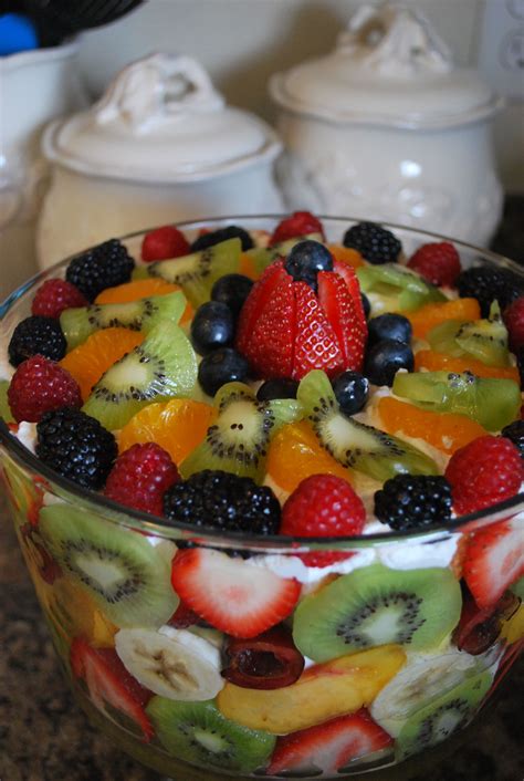 Fruit Triffle- lots of fruit, vanilla pudding, angel food cake cut into ...