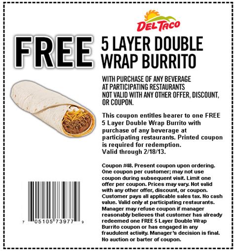 Del Taco: Free Burrito Printable Coupon