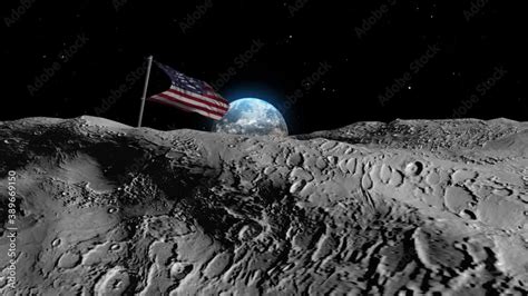 Planet Earth revealed from moon with Usa Flag Realistic outer space view, 3d rendering cinematic ...